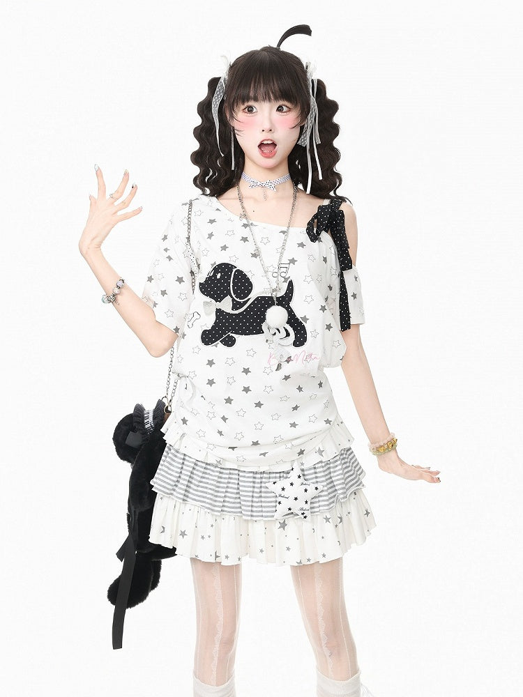 White Asymmetric Tee with Star Motif & Puppy Emblem - Languid Park
