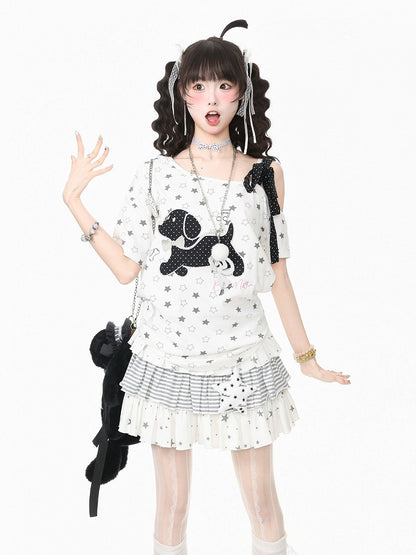 White Asymmetric Tee with Star Motif & Puppy Emblem - Languid Park