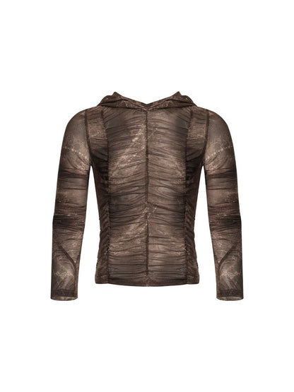 Brown Wasteland Punk Long Sleeve Top - Ruched Detail & Thumbhole Cuffs