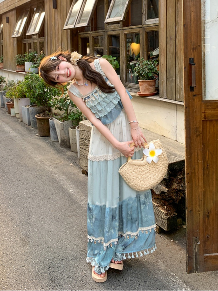 Blaue Urlaubshose mit weitem Bein und Farbblock-Design, Quastensaum und Muschelanhänger
