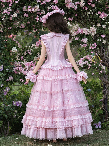 Pink Flutter Sleeves Lolita Top + Floral Embroidery Ruffled Skirt + Sheer Overlay + Hat Set - Misty Isle Letter