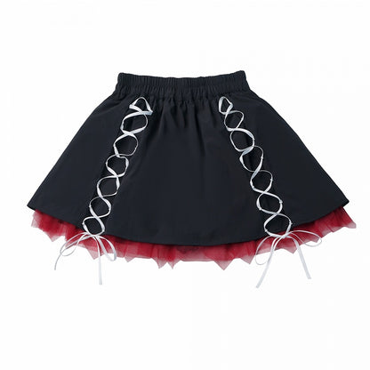 Sporty Kawaii Black & Red Mini Skirt with Lace-Up Details - PINK SAVIOR