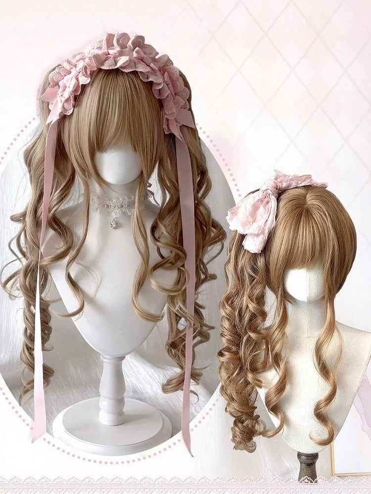 Linen Brown Wig with Bangs and Long Wavy Twin Tails Clip - Meow Island Wig
