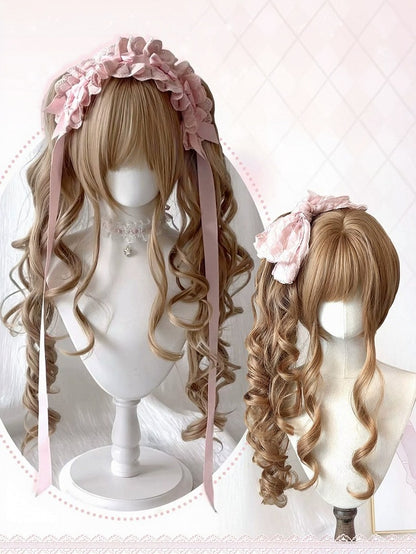 Linen Brown Wig with Bangs and Long Wavy Twin Tails Clip - Meow Island Wig