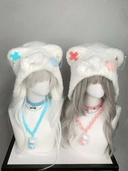 Blue Cross and Pin AccentsBear Ear Plush Hat with Bone and Star