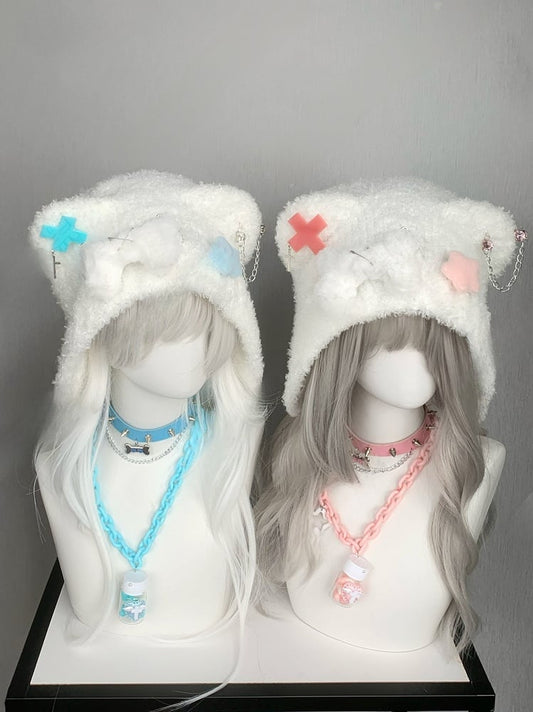Blue Cross and Pin AccentsBear Ear Plush Hat with Bone and Star