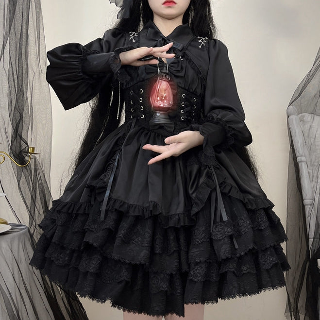 Cropped Cross and Gothic Lace Top Chains Trimmed Lolita with Black Charms