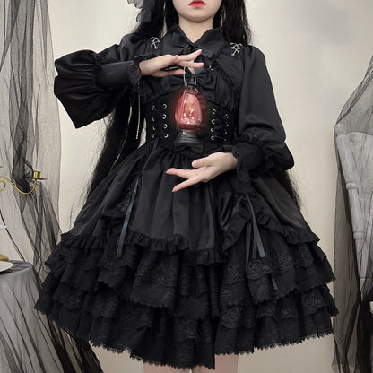 Cropped Cross and Gothic Lace Top Chains Trimmed Lolita with Black Charms