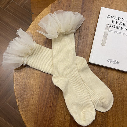 White Sweet Lace Trim Calf Socks