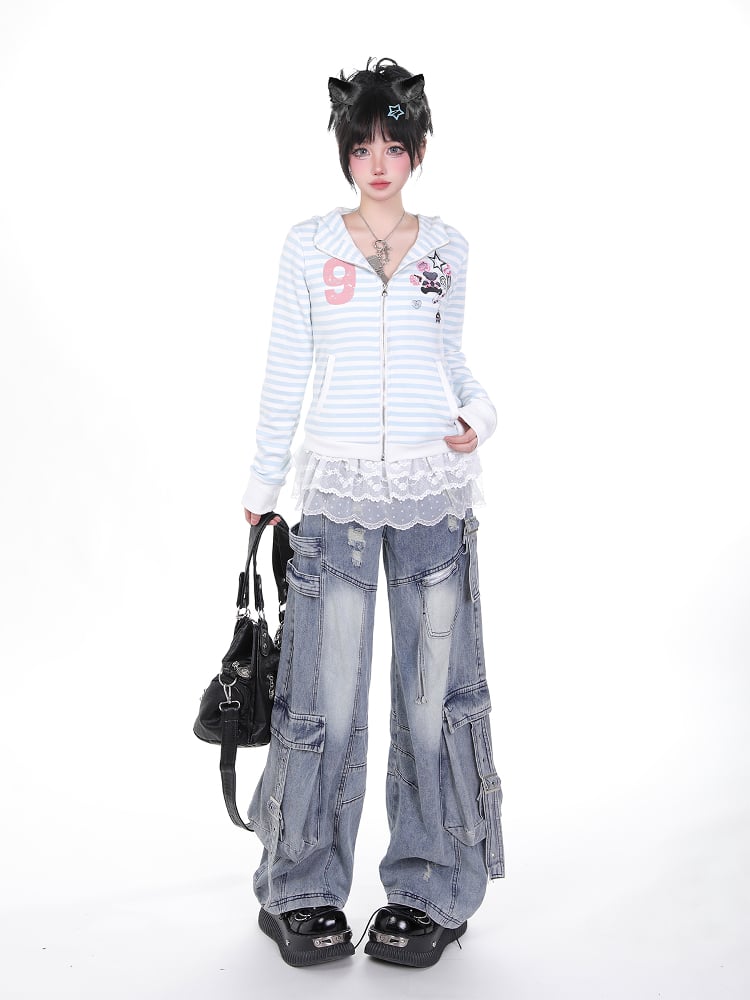 Wash Blue Distressed Cargo Jeans with Adjustable Strap Accents Faded