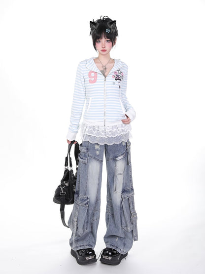 Wash Blue Distressed Cargo Jeans with Adjustable Strap Accents Faded