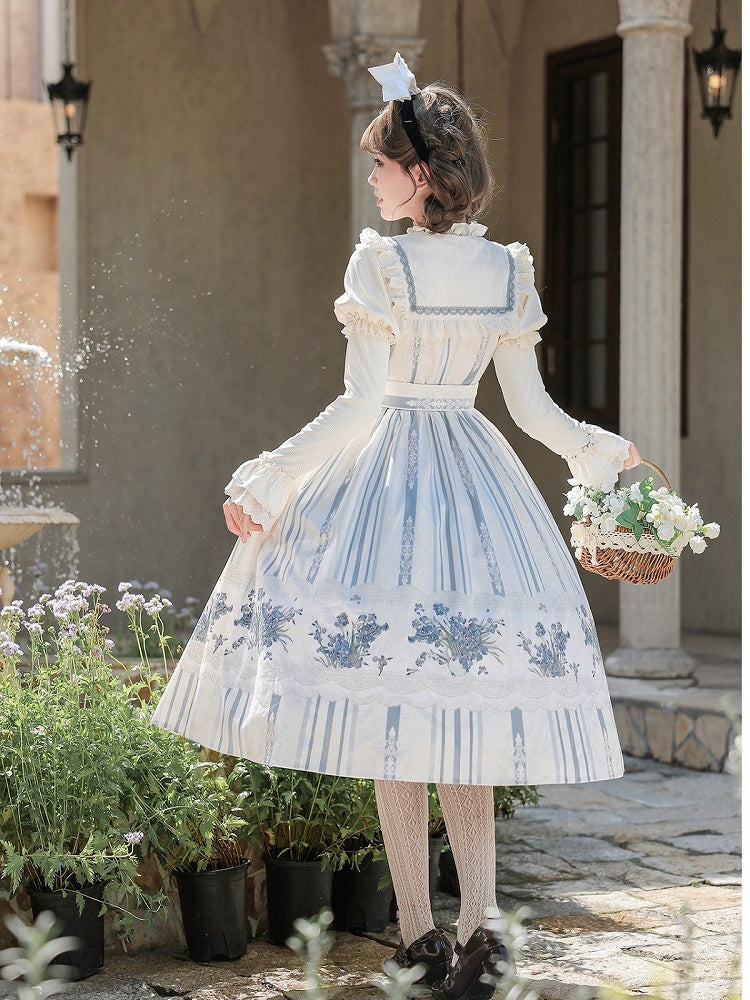 Long Blue & White Striped Floral Embroidered JSK Set with Knit Top, Belt & KC - With PUJI