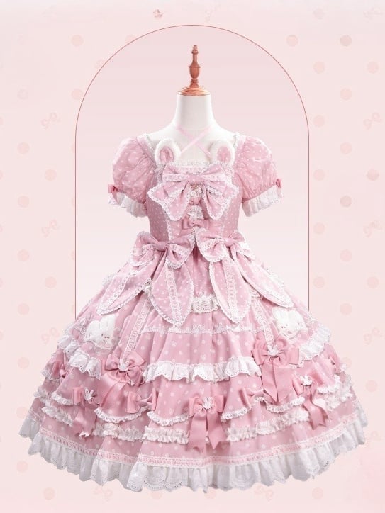 Hase Rosa Plüsch Ohren Muster Süße Punkte Ausschnitt Version Wunderschöne Kleid Polka Licht Lolita