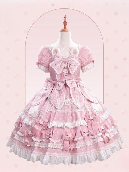 Hase Rosa Plüsch Ohren Muster Süße Punkte Ausschnitt Version Wunderschöne Kleid Polka Licht Lolita