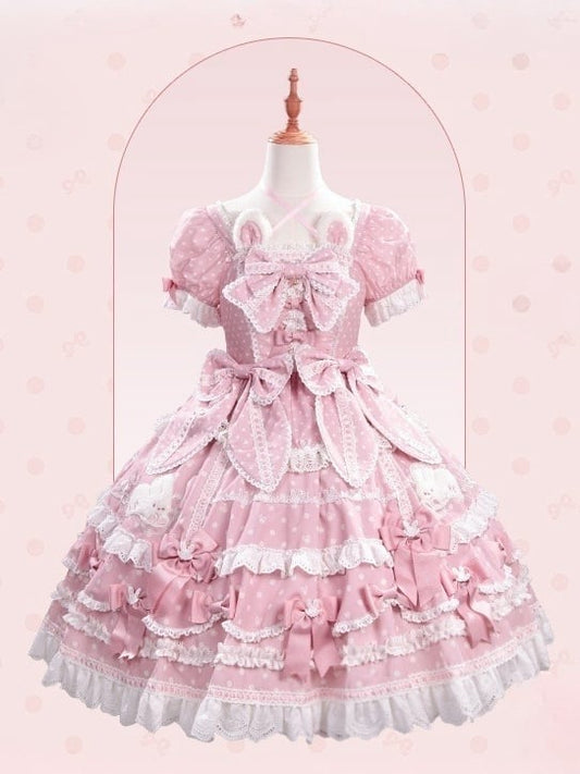Hase Rosa Plüsch Ohren Muster Süße Punkte Ausschnitt Version Wunderschöne Kleid Polka Licht Lolita