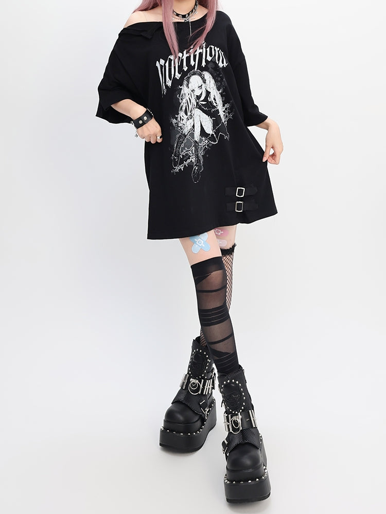 Y2K ブラック スナップディテール ネックライン アニメプリント ガール ルーズTシャツ