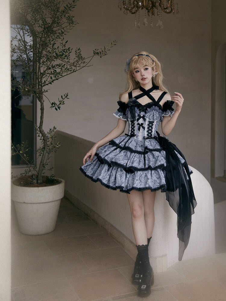 Dress Lolita Multi-Layered Texture with Dark Blue Skirt and JSK Floral Black