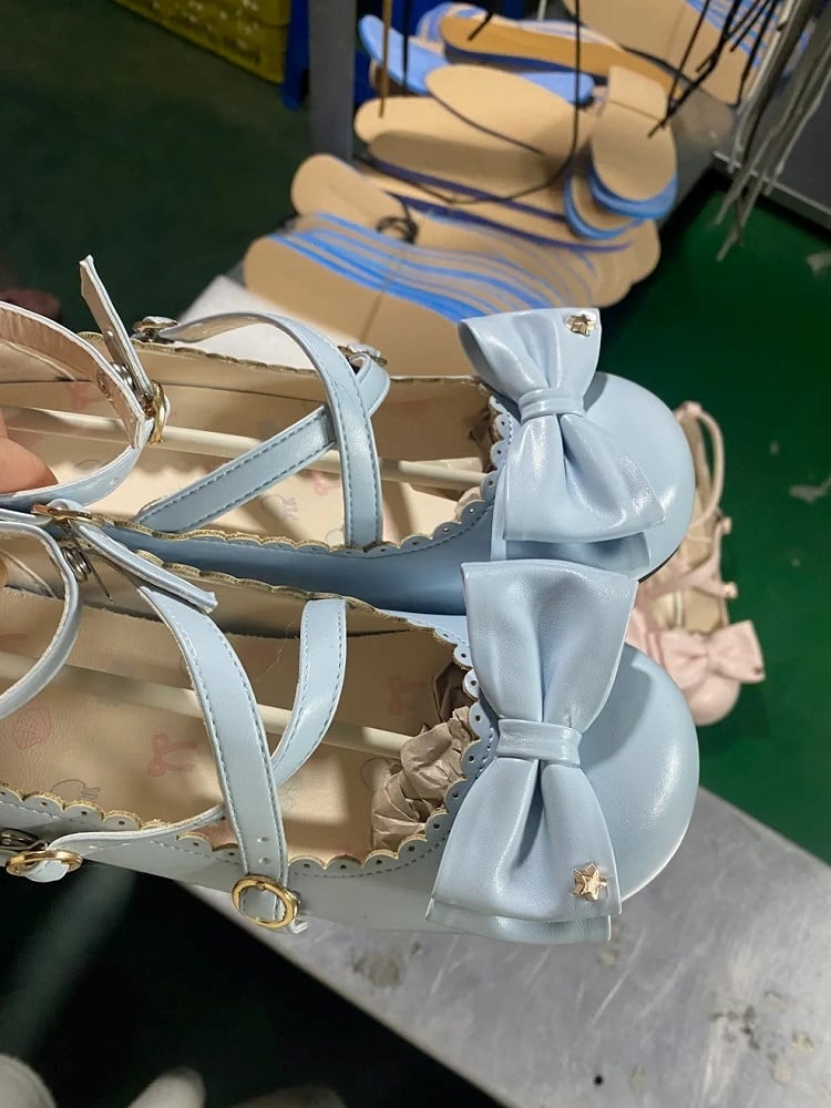 Decor Scalloped Sweet Blue Design - Bow Round-toe Lolita Heels Low