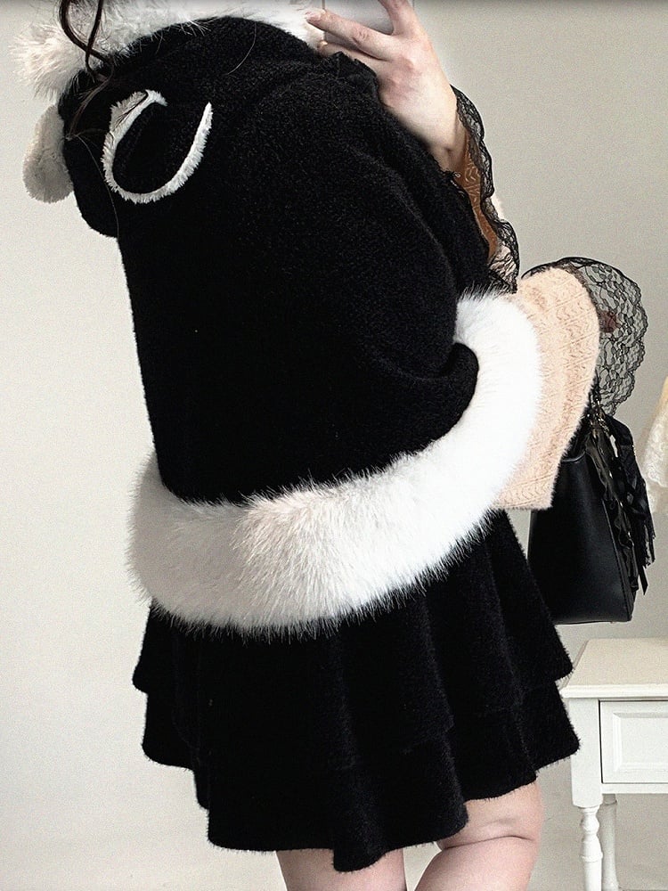 Hooded Colors Faux Jirai Fur with Bow Kitty Decor Detachable Kei Trim 3 Ear Cape