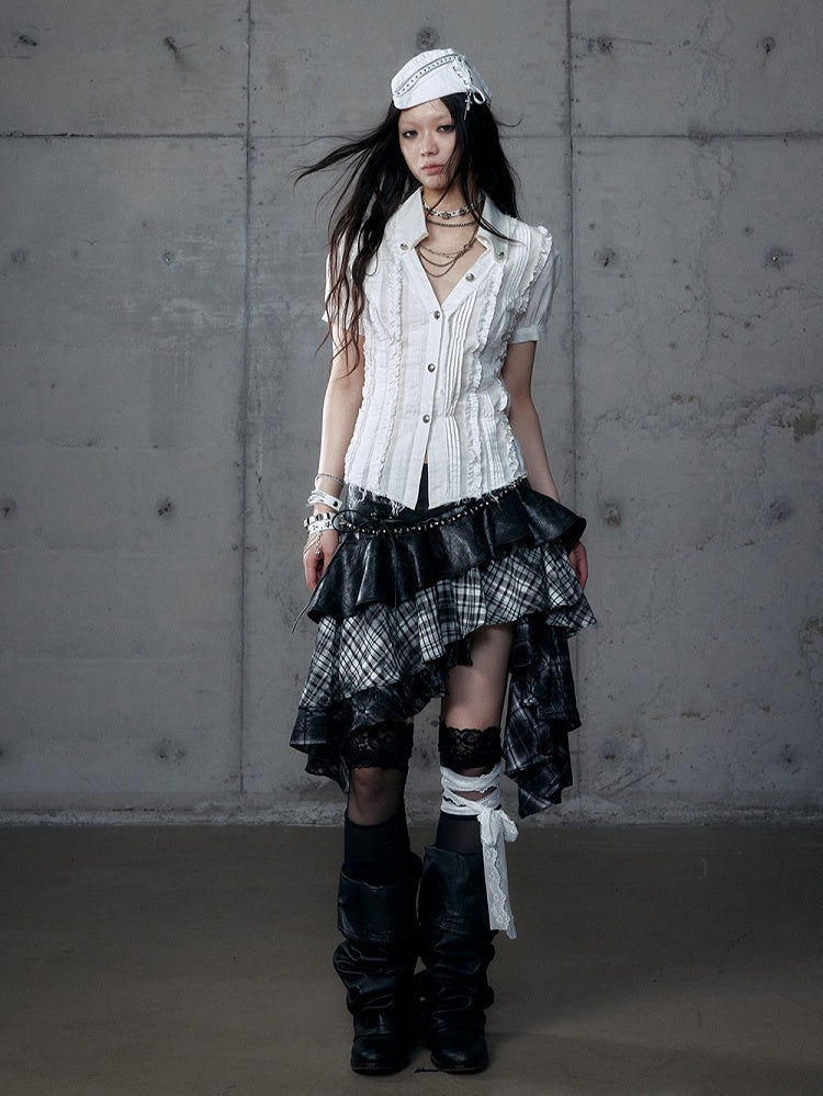 Blouse Wasteland Pleats Punk Short Sleeve White Distressed with Pintuck V-Neck