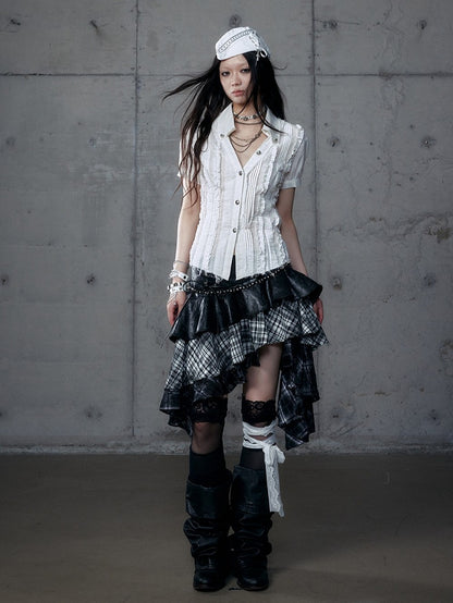 Blouse Wasteland Pleats Punk Short Sleeve White Distressed with Pintuck V-Neck