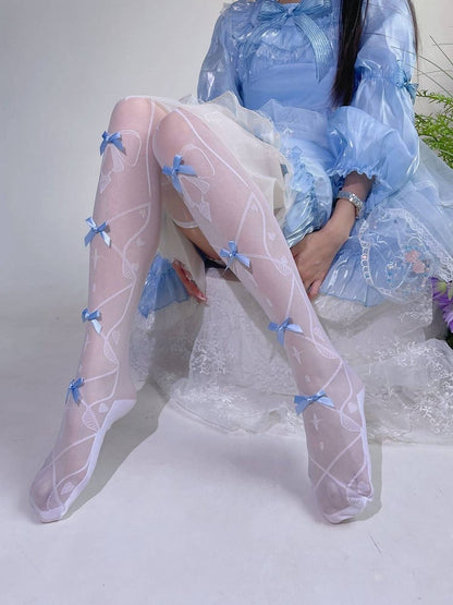 White and Blue Bow Semi-sheer Over Knee Stockings