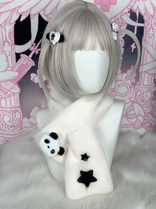 White & Black Cross Plush Scarf with Panda Puppy Plushie