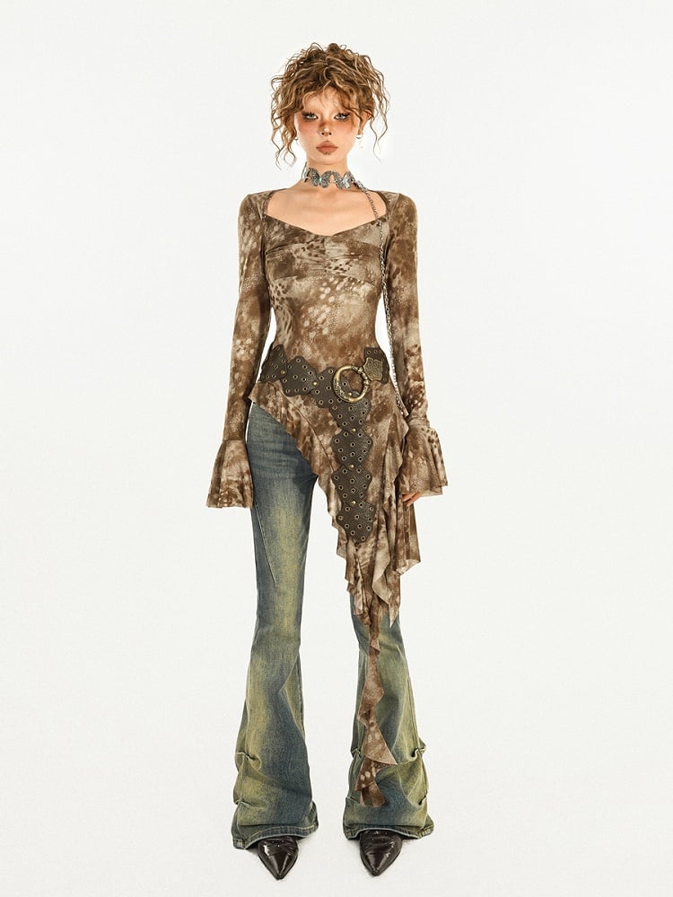 with Top Vintage Tie-Dye Tulle and Bell Hem Coffee Asymmetrical Sleeves