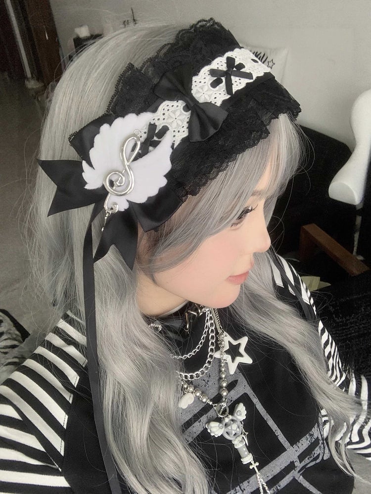 Hairband Black/White Note Bow with Musical Delicate Lace