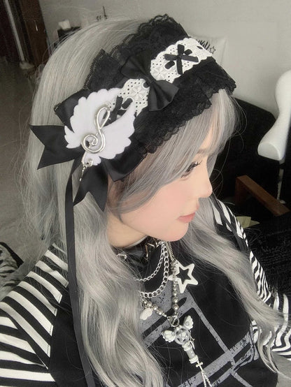 Hairband Black/White Note Bow with Musical Delicate Lace
