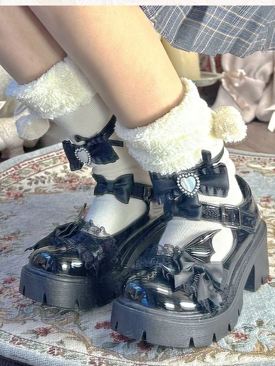 Polished Black Round Toe Bow at Top Lace Trim Block Heel Mary Janes