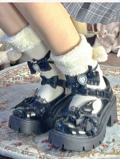 Polished Black Round Toe Bow at Top Lace Trim Block Heel Mary Janes