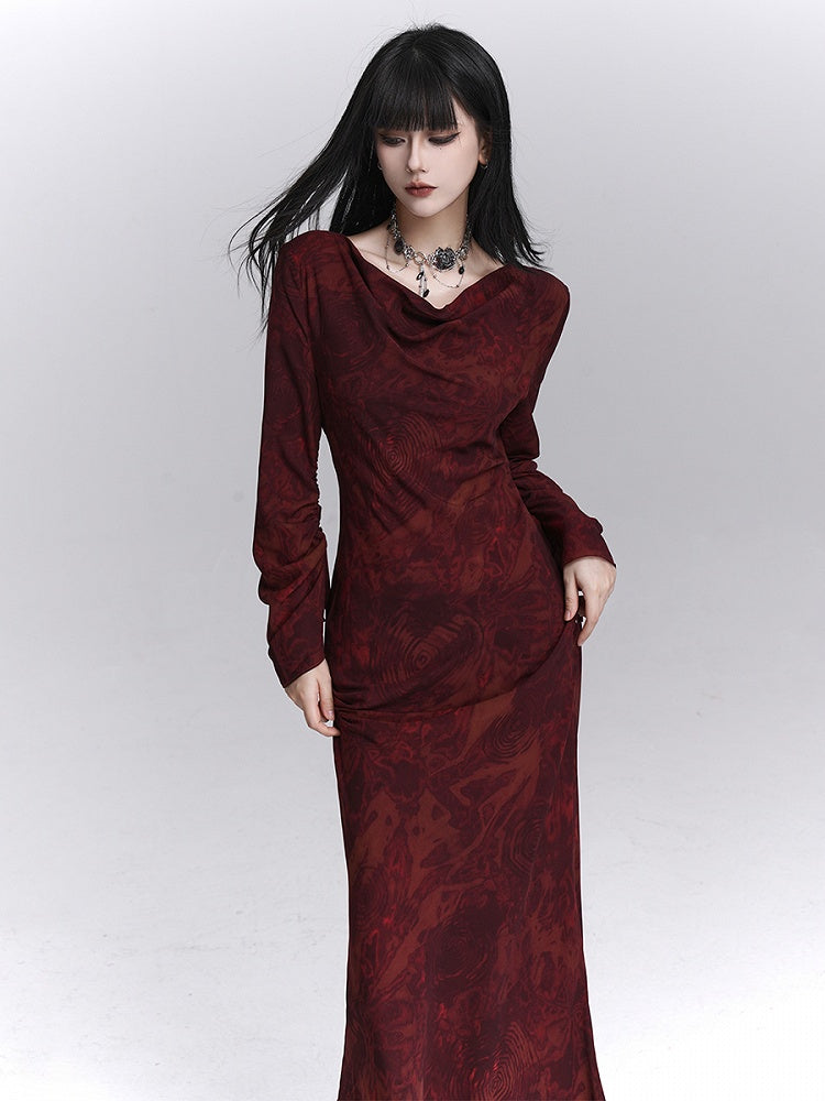 Fall with Gothic Ankle-Length Dress Adjustable Mermaid Red Tie Cuffs