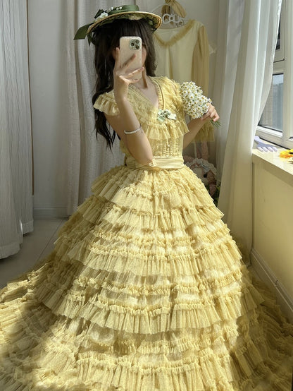 Belt Tulle Yellow Mesh Waist Set - Elegant Skirt + Lolita Vest Cotton Dotted Multi-layered Classic