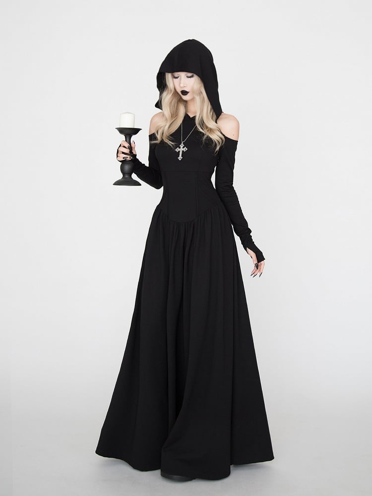 Kapuzen-Hexen-Punk-Kleid im Wasteland-Look für schwarzen Halloween-Gothic-Schulterausschnitt