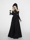 Kapuzen-Hexen-Punk-Kleid im Wasteland-Look für schwarzen Halloween-Gothic-Schulterausschnitt