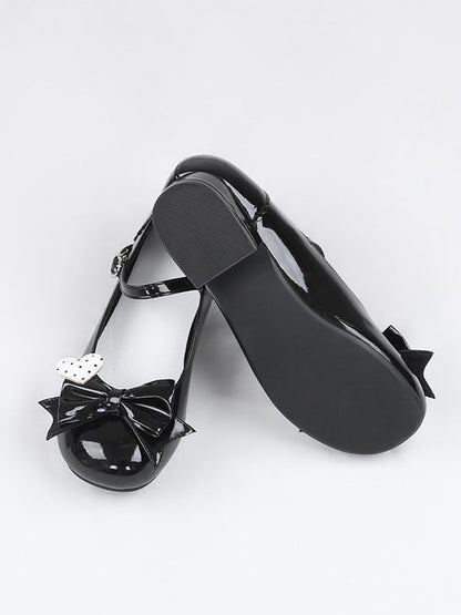 Black Polished Mary Jane Shoes with Bow and Polka Dot Heart Design