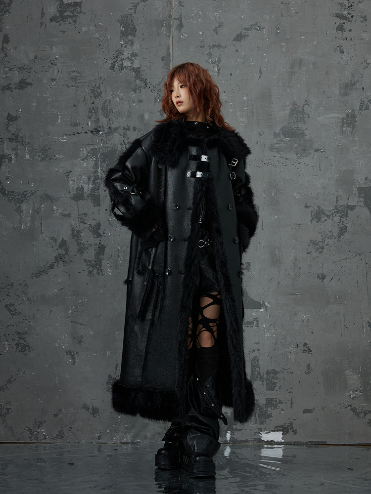 Buckles Metal Accents Fur Black Punk Coat Leather With Faux