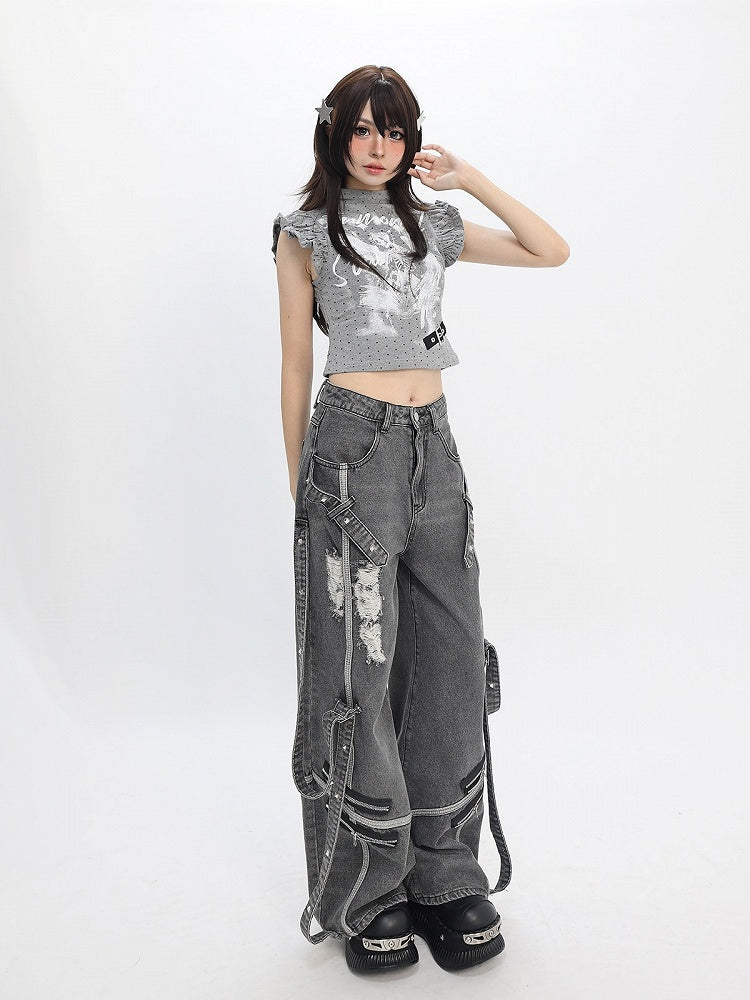 Gray White Flutter Sleeve Top with Angel Skeleton and Buckle - Catwish