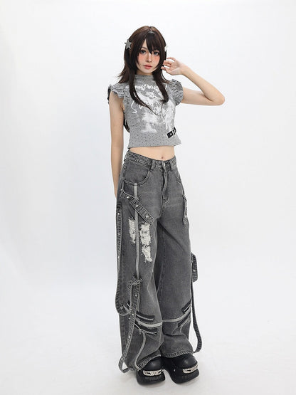 Gray White Flutter Sleeve Top with Angel Skeleton and Buckle - Catwish