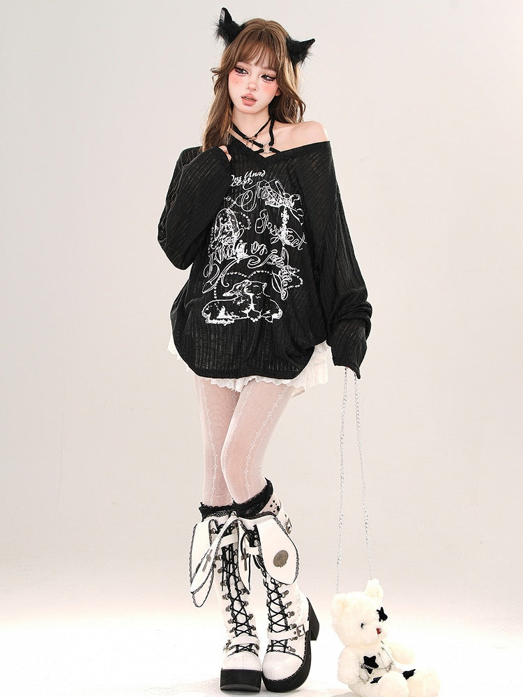 Locker sitzendes Neckholder-Stricktop mit Animalprint in Weiß/Schwarz