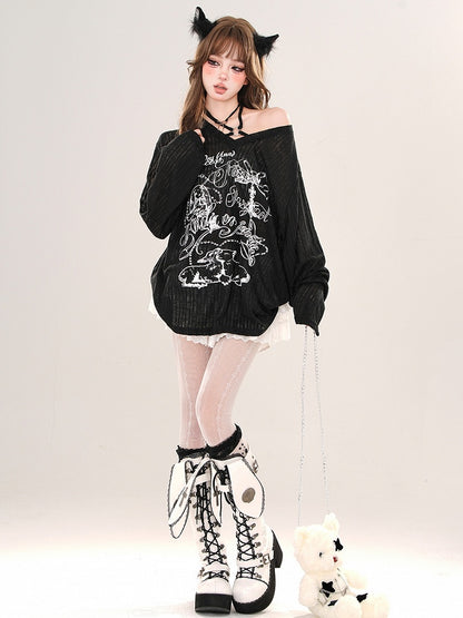 Locker sitzendes Neckholder-Stricktop mit Animalprint in Weiß/Schwarz