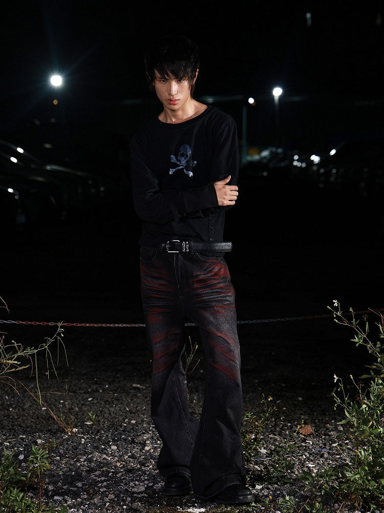 Black Double Neckline Skull Star Print Long Sleeve Punk Top - DETW OnLine