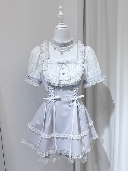 White Fashion Sleeve Two-Piece Choker Ryousangata Matching Bead Dress Shorts Short + With Gray Chain Trim Design Lace Set -