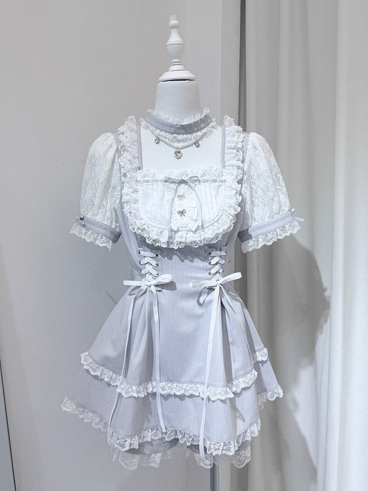 White Fashion Sleeve Two-Piece Choker Ryousangata Matching Bead Dress Shorts Short + With Gray Chain Trim Design Lace Set -