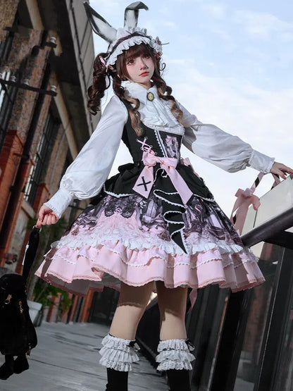 Süßes Lolita-Kleid mit Hasen- und Sargmotiv in Schwarz und Rosa