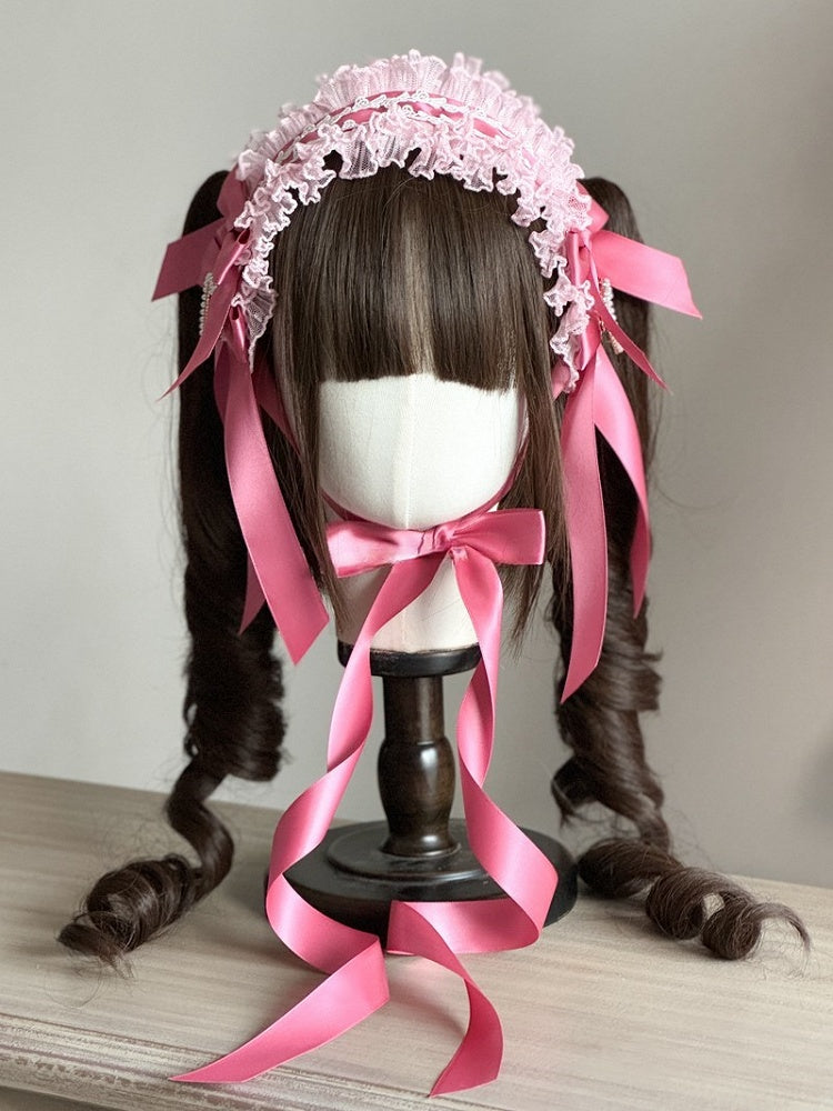 Sweet Lace Pink with Hairband Ribbon Lolita Bowknots Accents and Beaded Heart