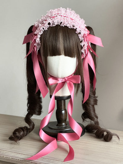 Sweet Lace Pink with Hairband Ribbon Lolita Bowknots Accents and Beaded Heart