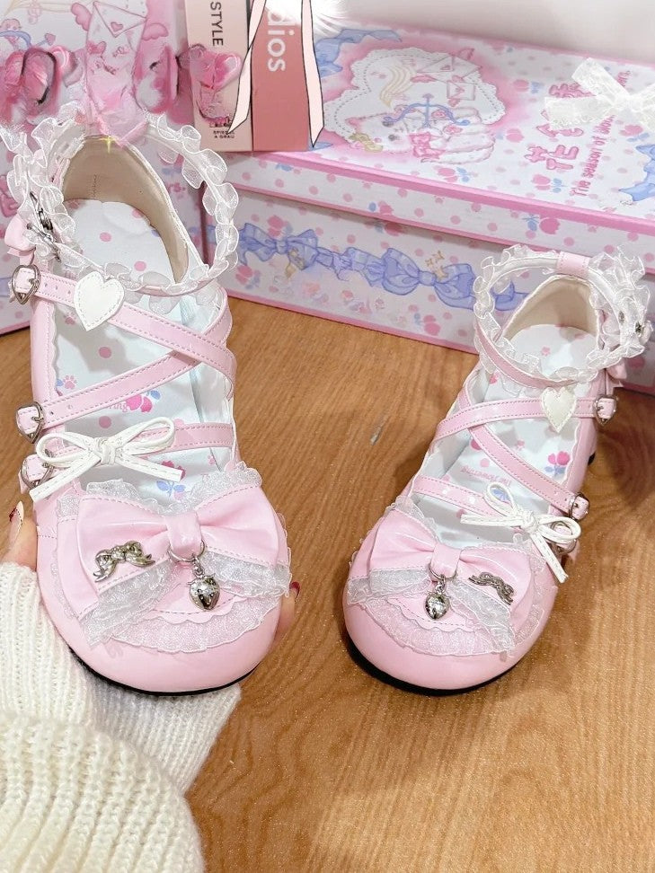 Mary Pink with Decor Mid-heel PU Leather Janes Bow in