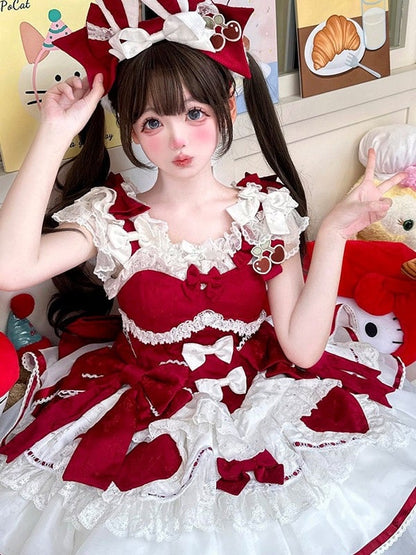 Red Rabbit Theme Lolita Cake JSK Dress KC Train Bow Full Set - Sweet Dream